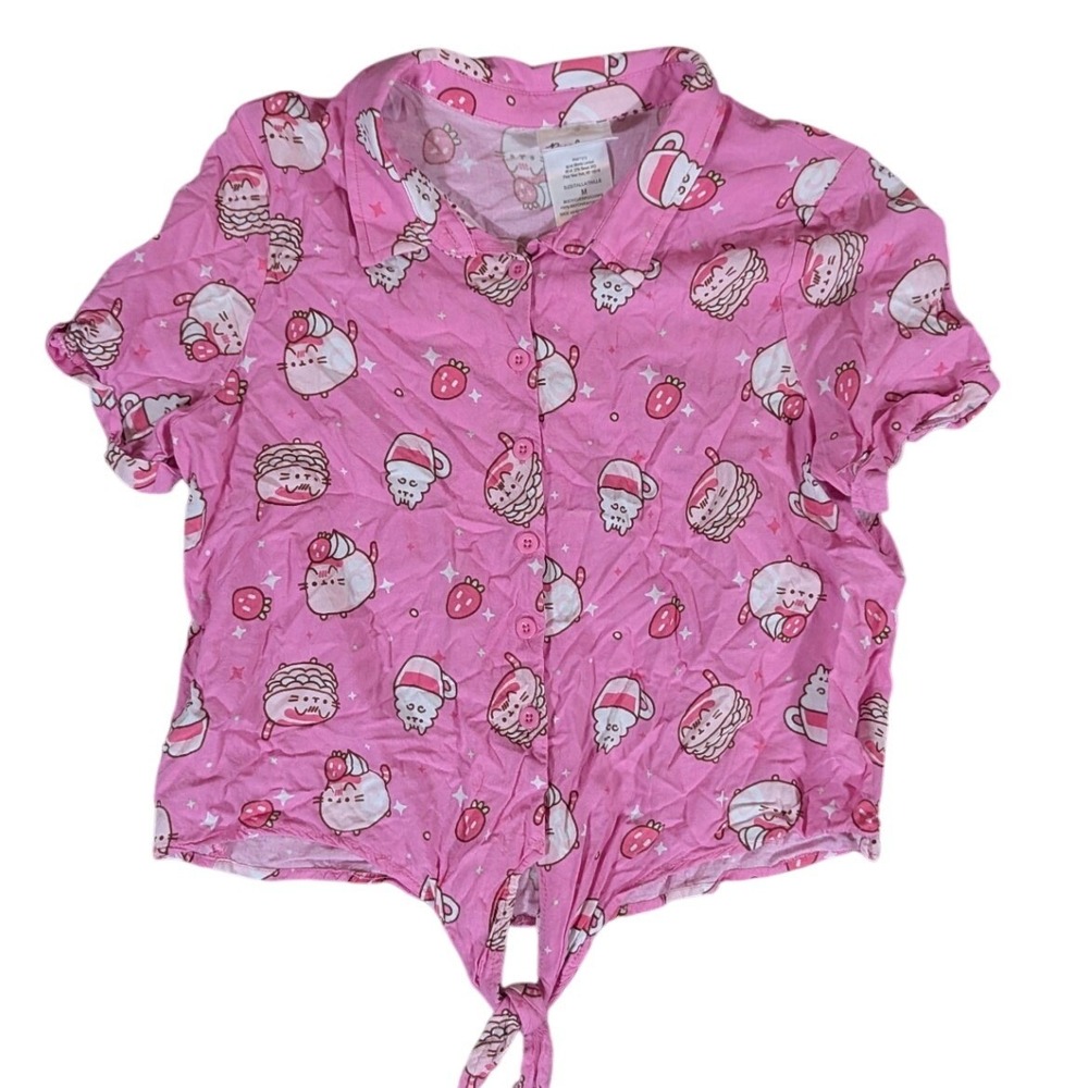 Pusheen Top‎ Women M Pink Cat Macaron Latte Tie Front Button Up Rayon Shirt